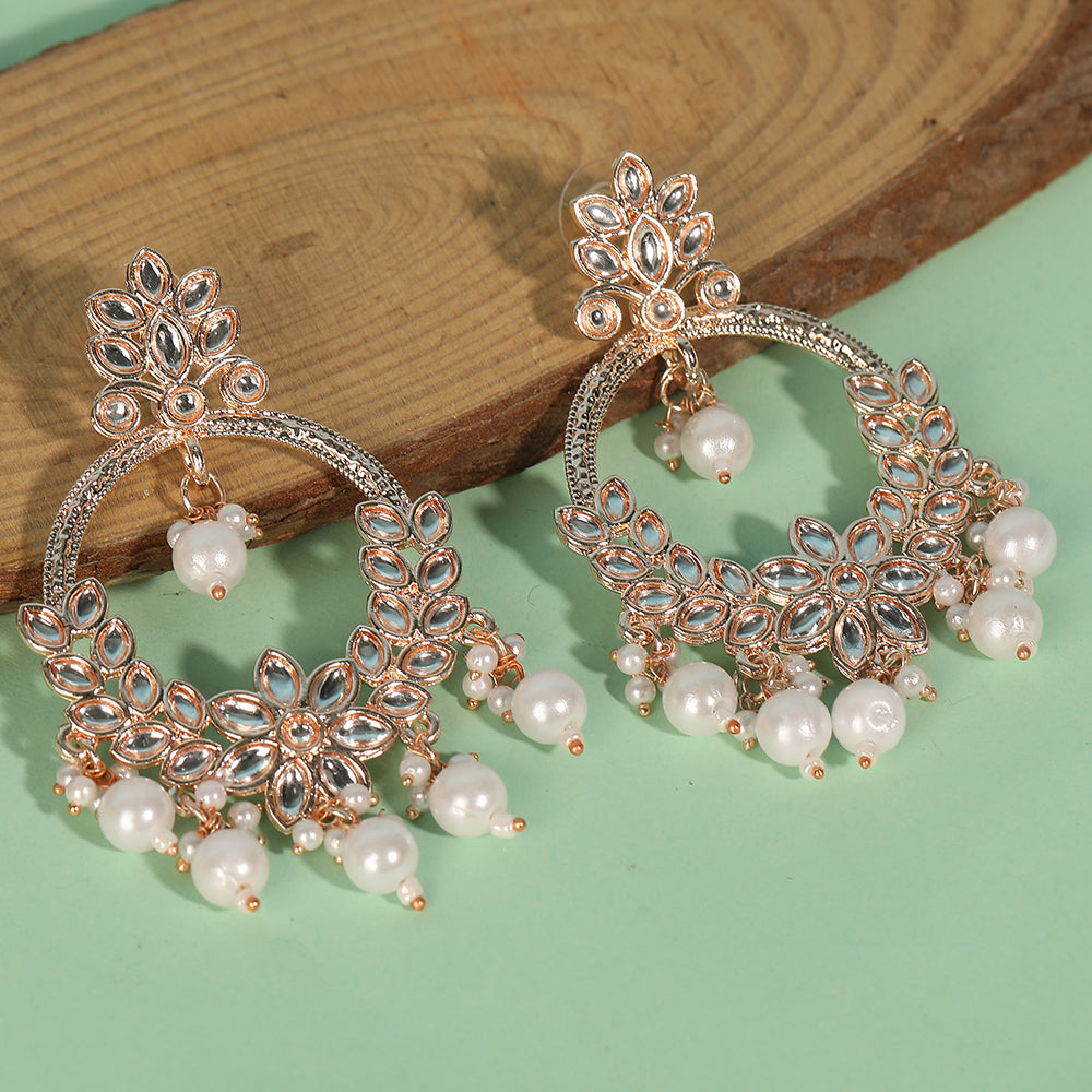 Rose Gold Kundan Chandbali Earrings with Pearl Drops