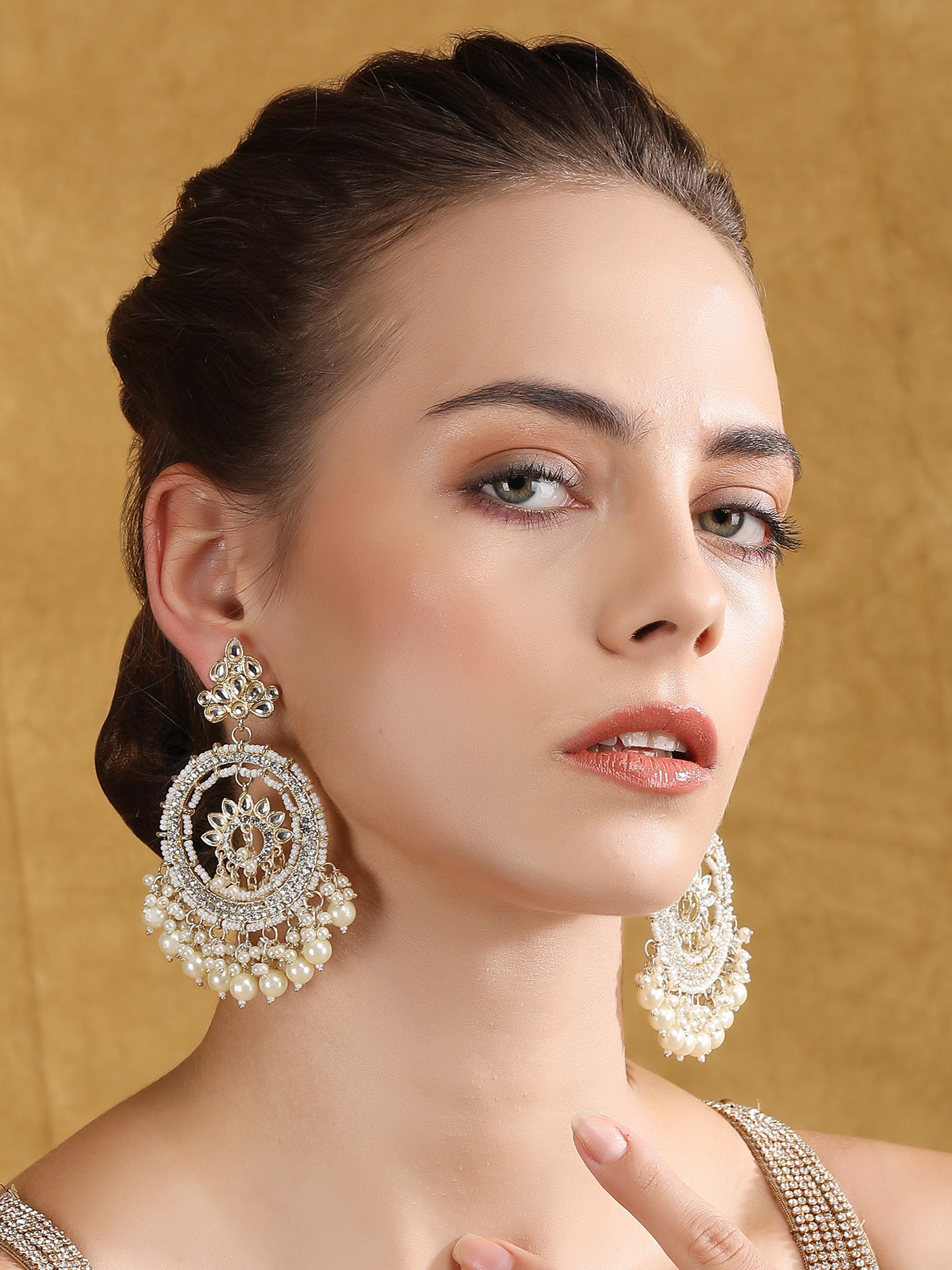 Gold-Plated Kundan & Pearl Chandbali Earrings