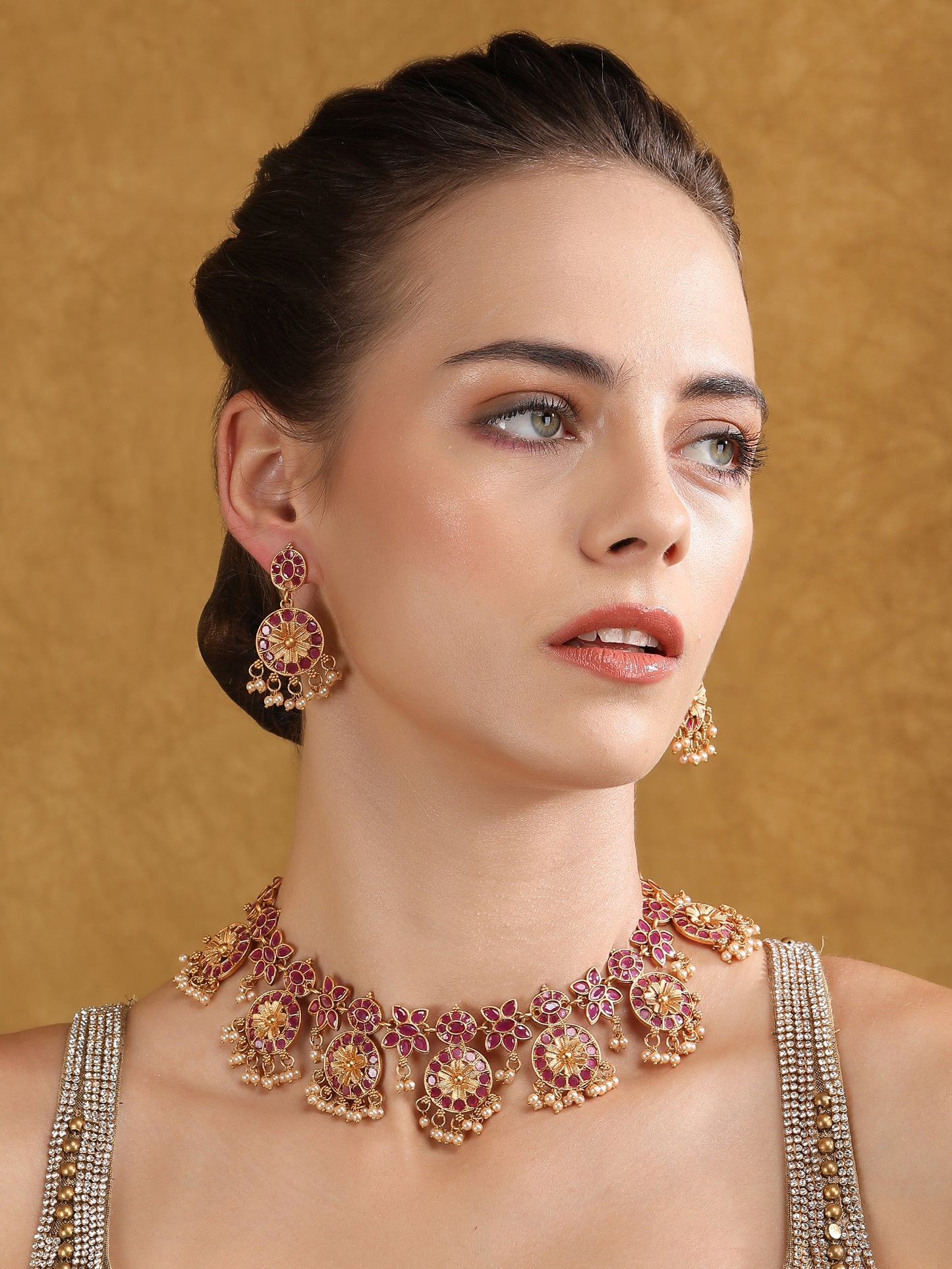 Traditional Gold-Plated Kundan Necklace Set with Pearl Drops