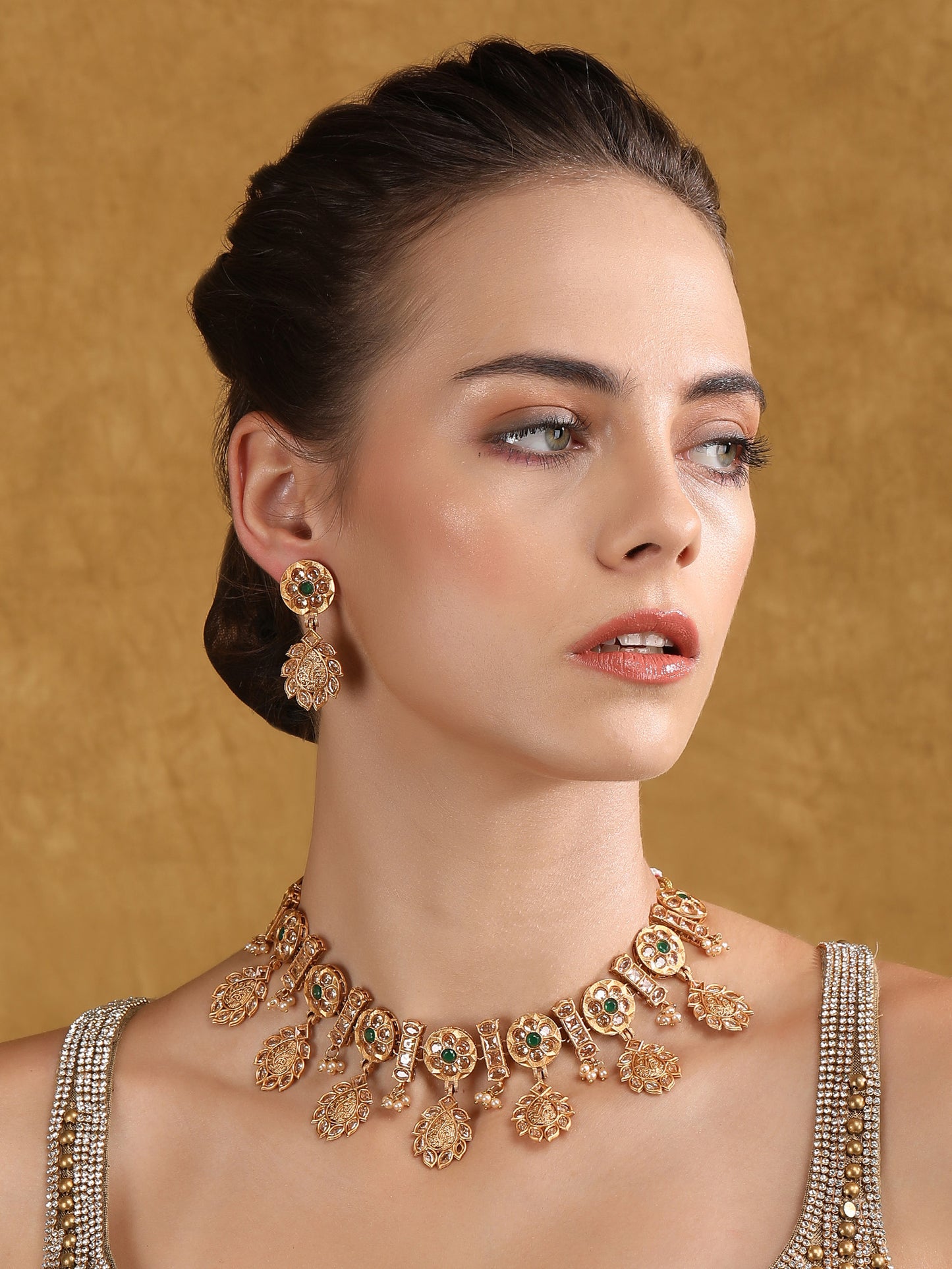 Oxidized Gold-Plated Necklace Set with Intricate Detailing