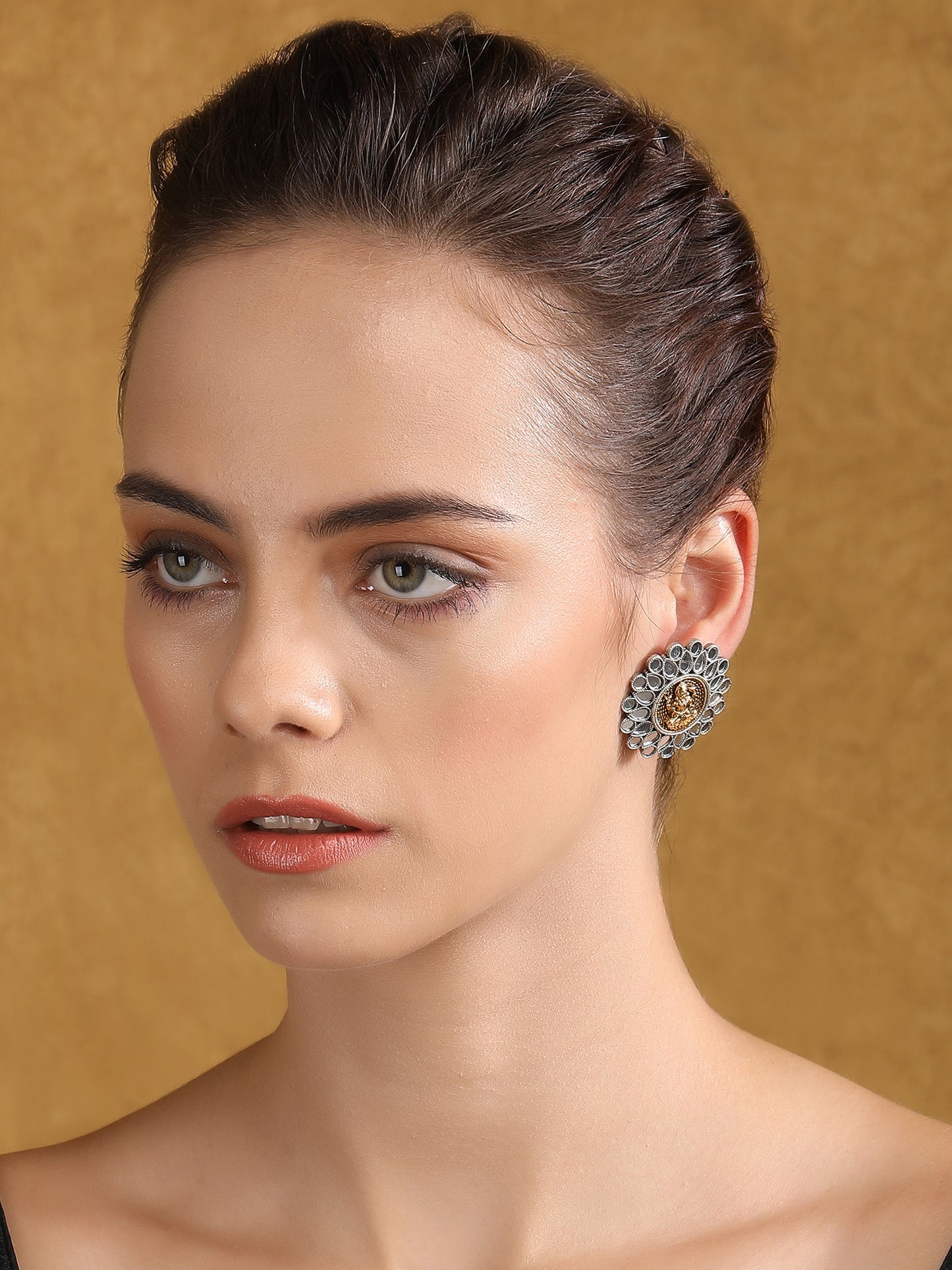 Antique Lakshmi Motif Stud Earrings with Mirror Work