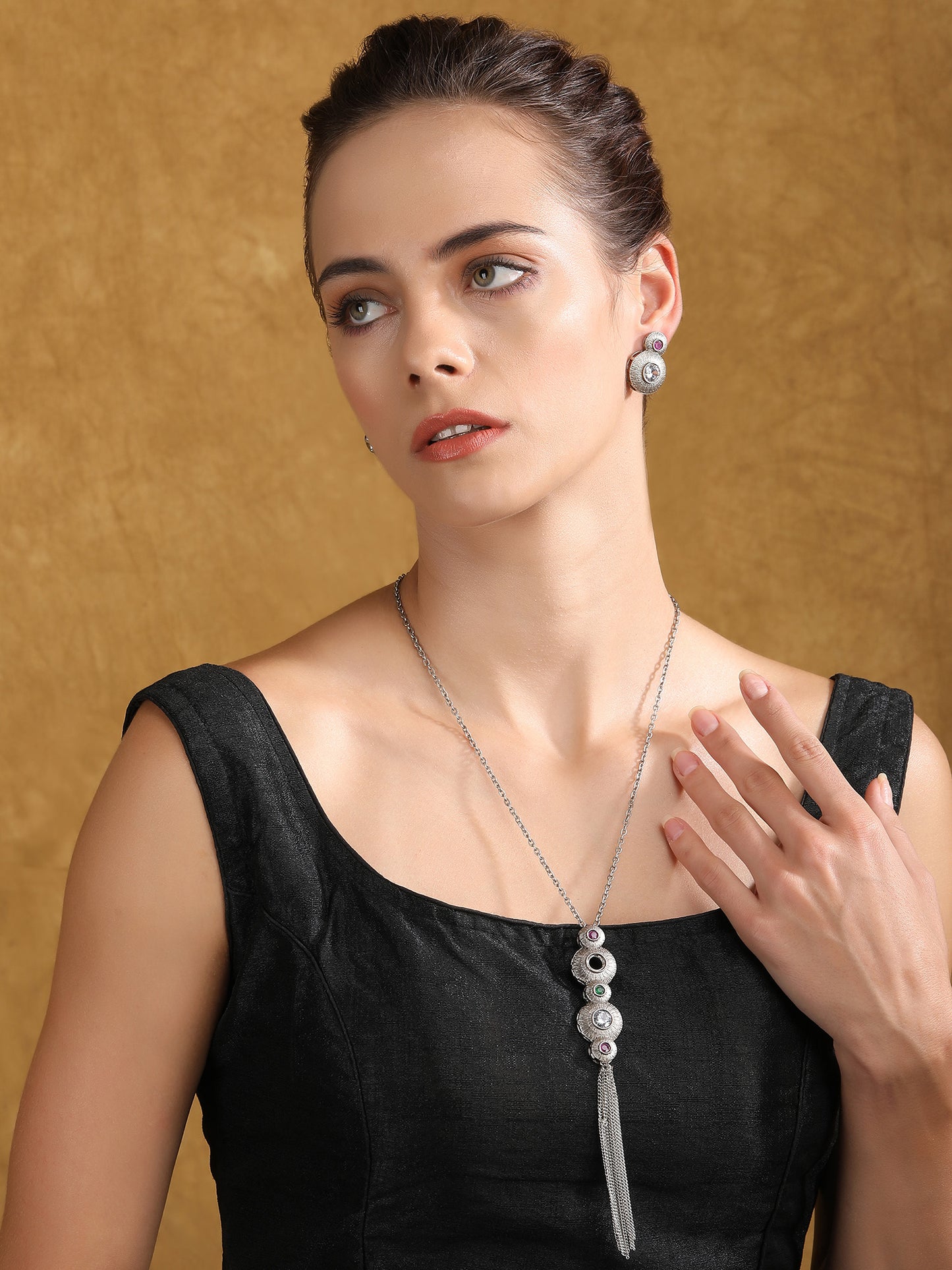 Elegant Silver Tassel Pendant Necklace Set with Crystal & Gemstone Accents