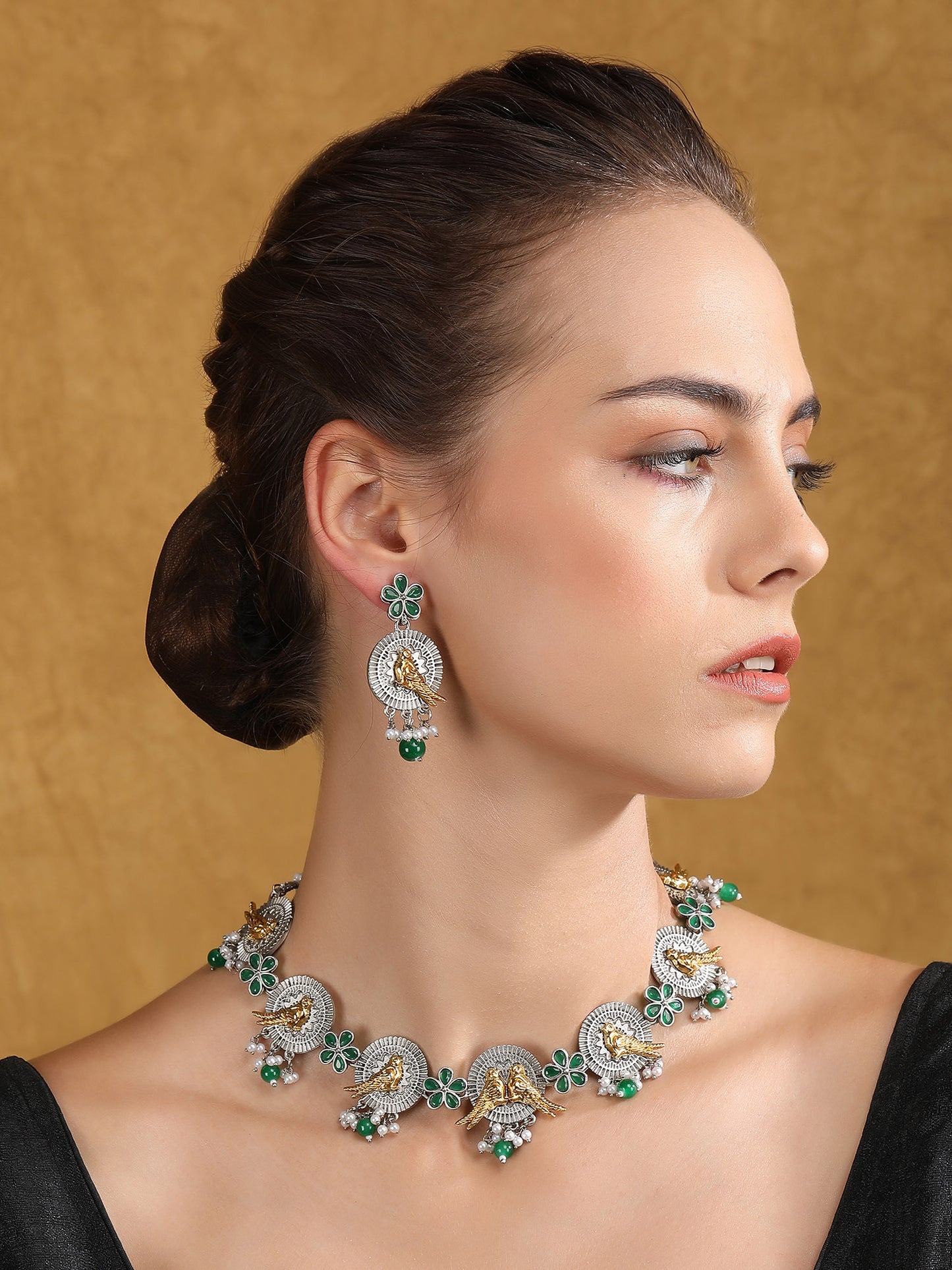Dual-Tone Bird Motif Necklace Set with Green Enamel & Pearl Drops
