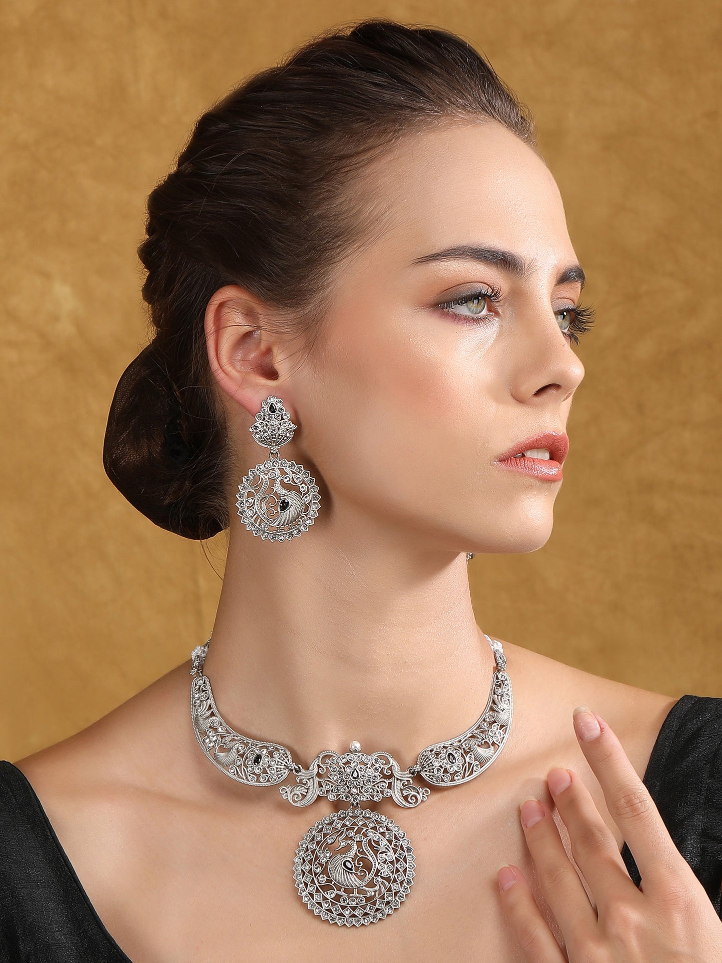 Antique Silver Peacock Necklace Set with Intricate Filigree Work