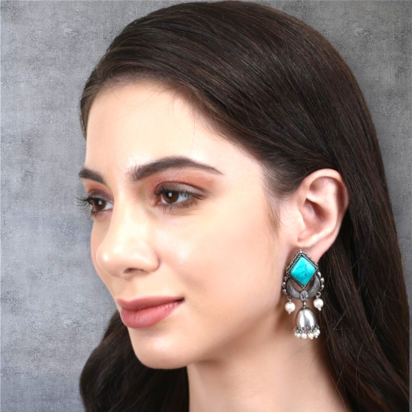 Silver Plated Artificial Stones-Studded And Beads-Beaded Oxidised Drop Earring