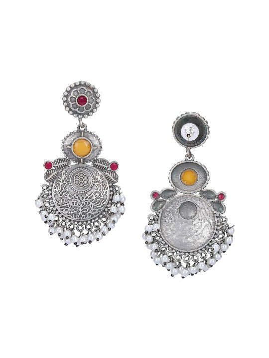 Oxidized Silver Statement Chandbali Earrings with Colored Stone Accents