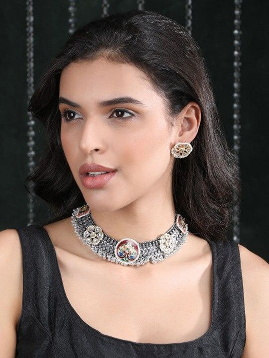 Kundan & Meenakari Oxidised Necklace Set with Stud Earrings