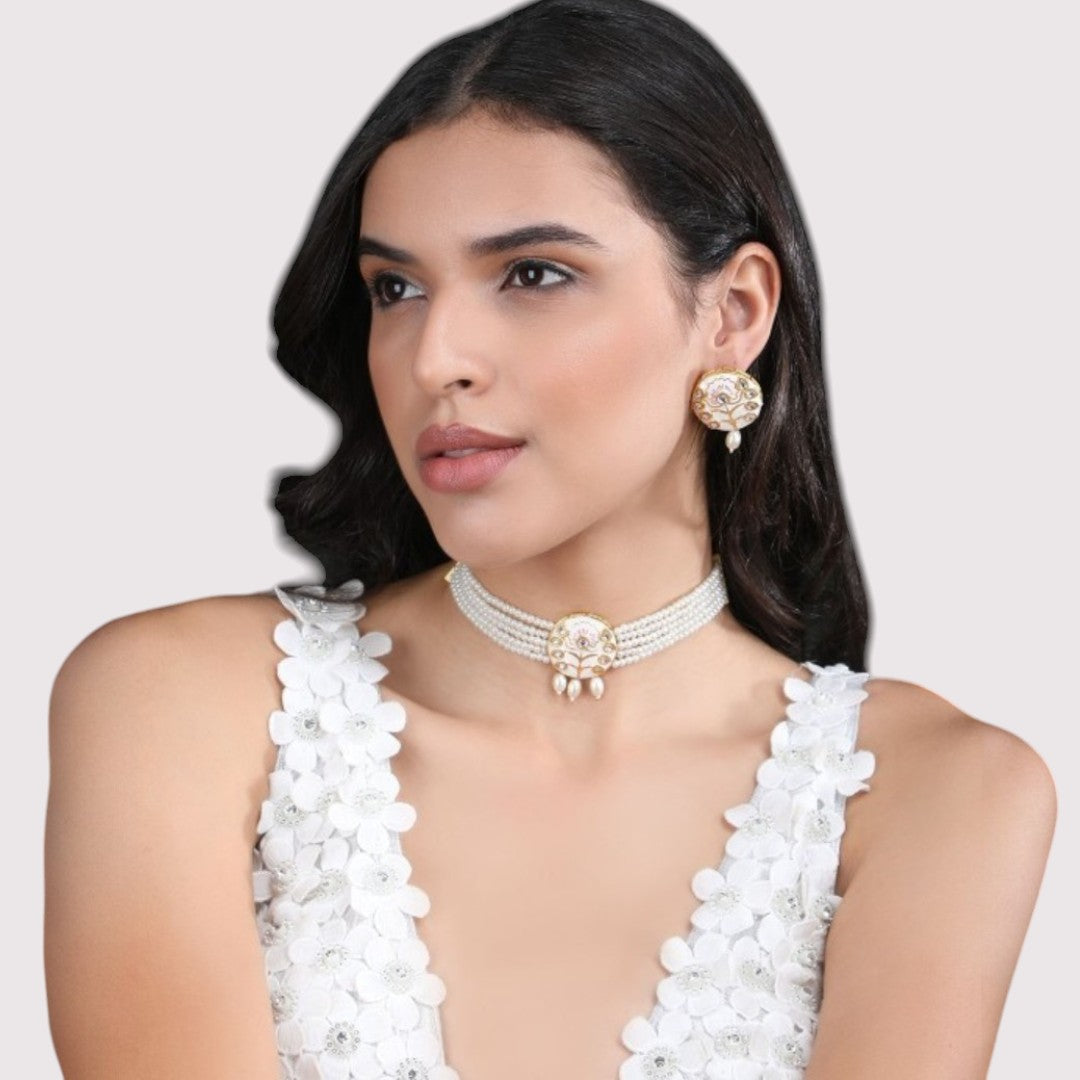 Pearl Beaded Choker Necklace Set with Hexagonal Motif & Mirror Accents