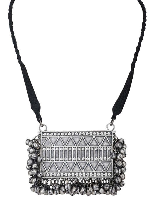 Oxidised Silver Geometric Tribal Necklace & Earrings Set for Women