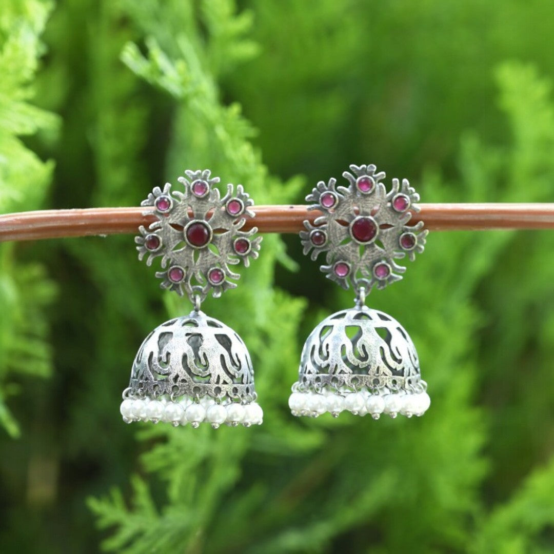 Silver-Toned & Red Silver-Plated Stones Studded Dome Shaped Oxidised Jhumkas