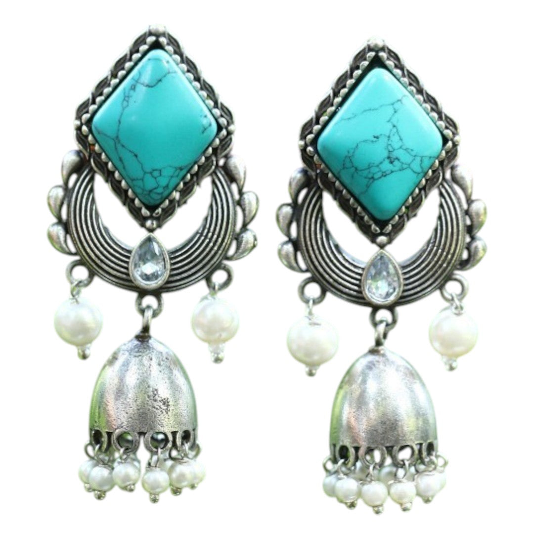 Silver Plated Artificial Stones-Studded And Beads-Beaded Oxidised Drop Earring