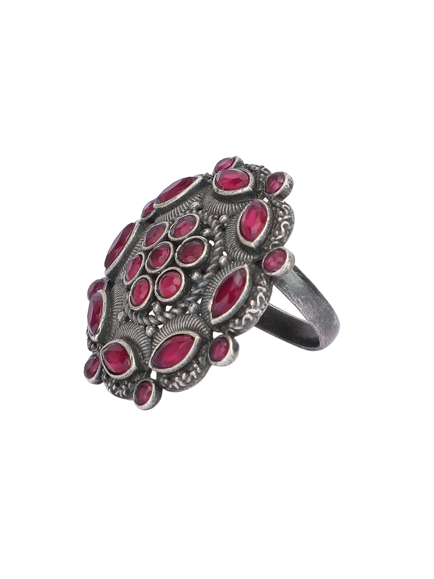 Antique Silver Red Gemstone Adjustable Statement Ring