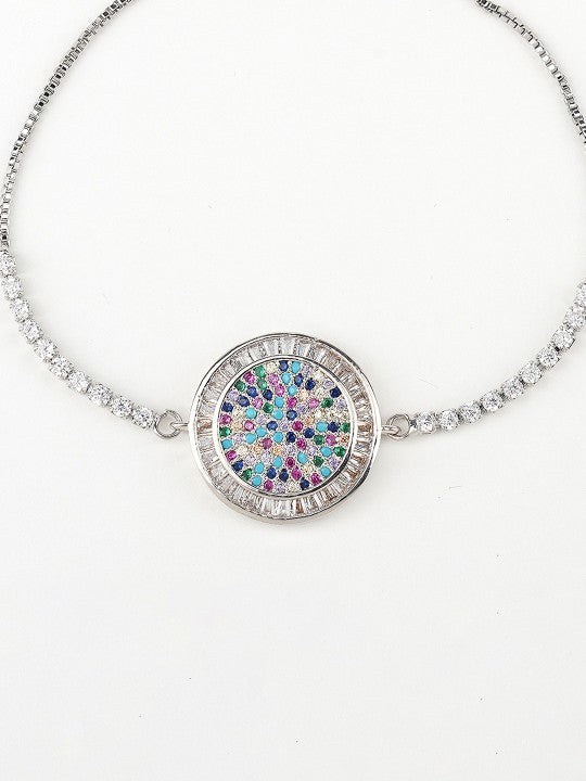 Rhodium-Plated American Diamond Zircon Red and Blue Rakhi Bracelet
