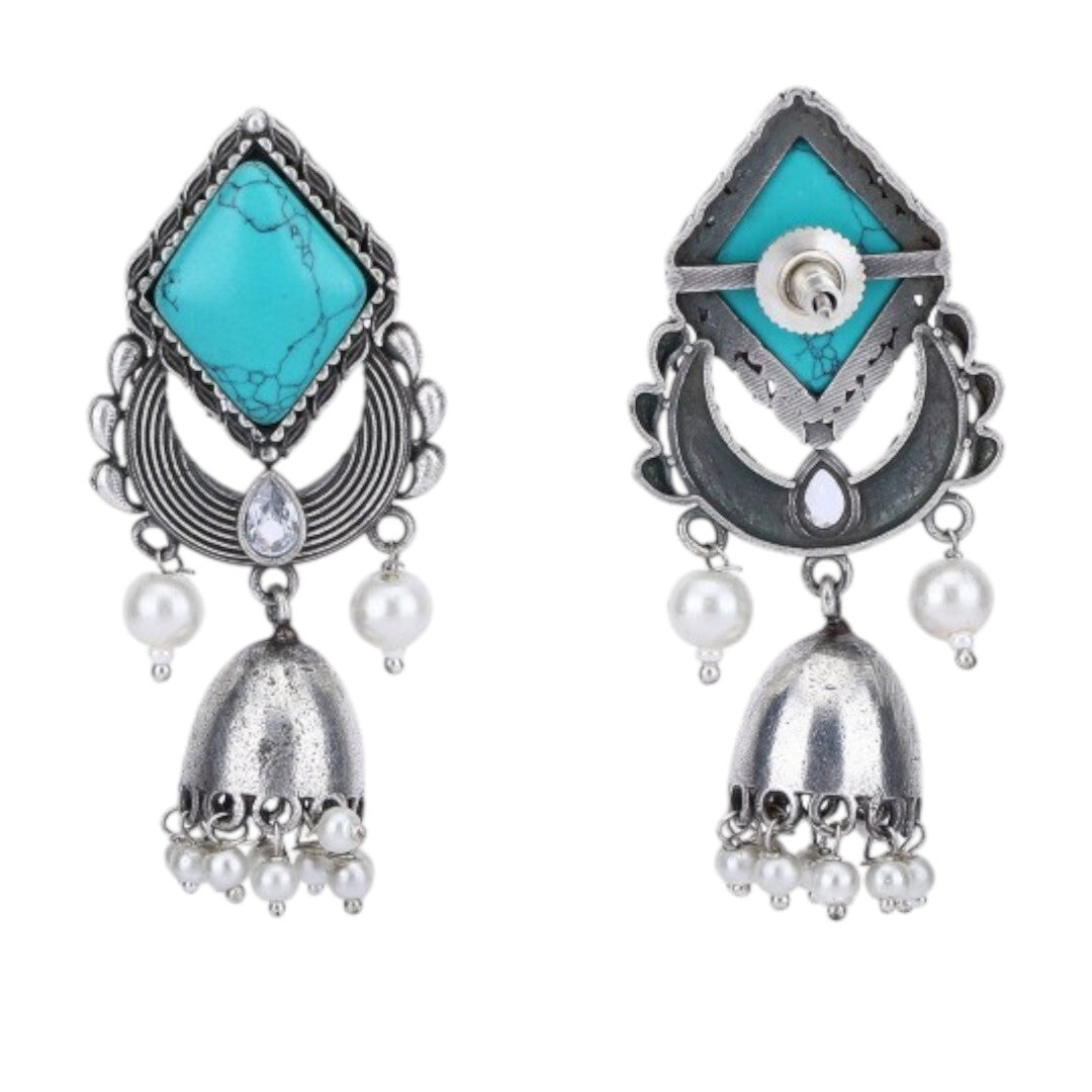 Silver Plated Artificial Stones-Studded And Beads-Beaded Oxidised Drop Earring