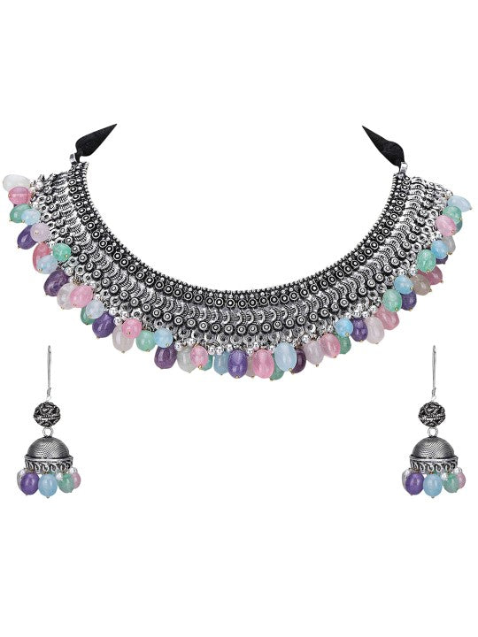 Oxidised Silver Choker Necklace Set with Multi Color Beads and Jhumka Earrings