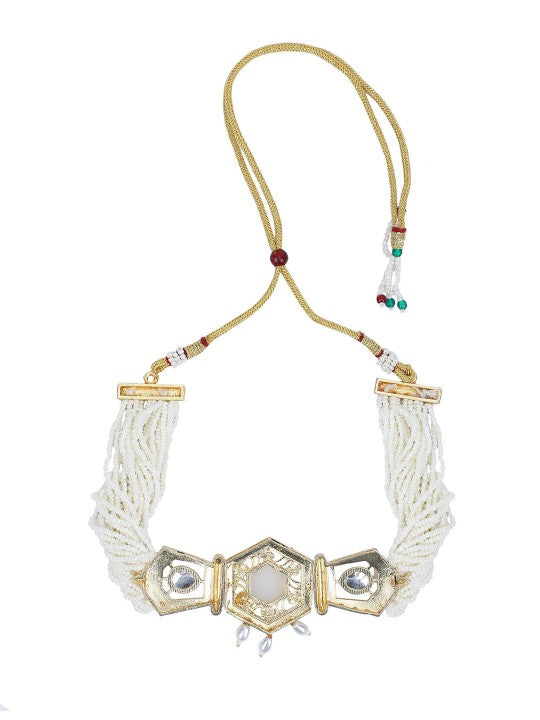 Gold-Plated Kundan Choker Necklace Set with White Pearls