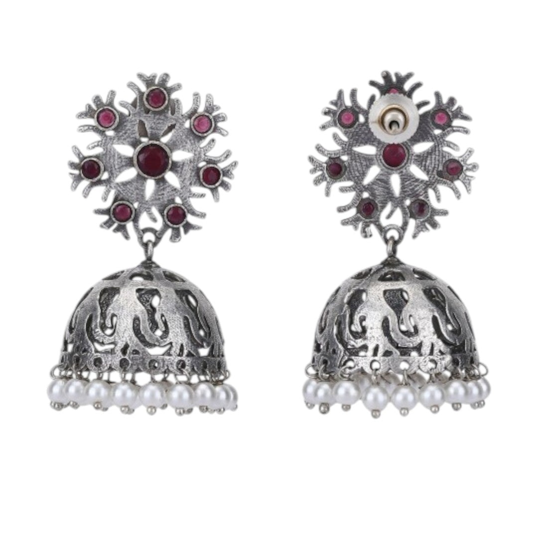 Silver-Toned & Red Silver-Plated Stones Studded Dome Shaped Oxidised Jhumkas