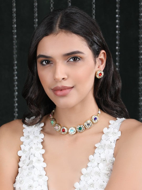 Gold Plated Kundan Multi-Color Stone Necklace Set