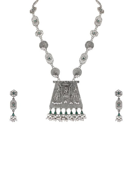 Oxidised Silver Necklace Set with Green Accents & Dangle Earrings