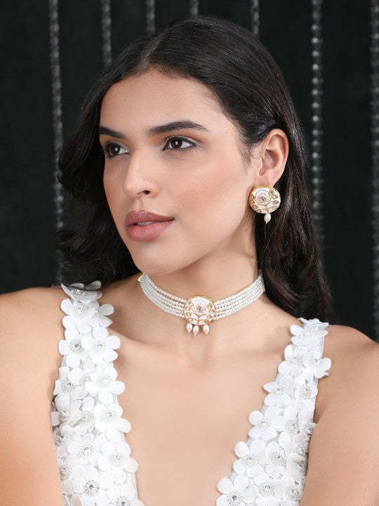 Gold-Plated Kundan Choker Necklace Set with White Pearls