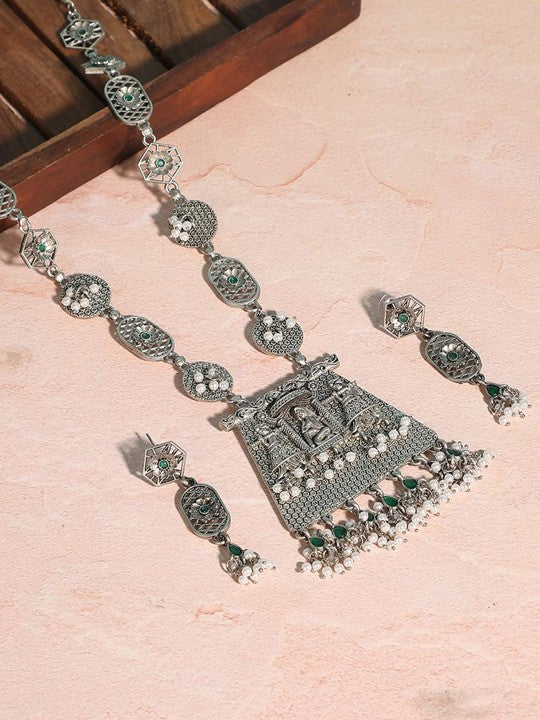 Oxidised Silver Necklace Set with Green Accents & Dangle Earrings