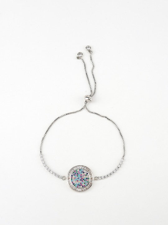 Rhodium-Plated American Diamond Zircon Red and Blue Rakhi Bracelet