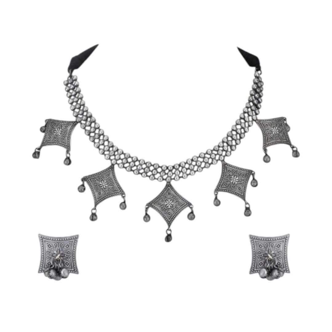 Silver Toned Silver Plated Oxidised German Silver Jewellery Set