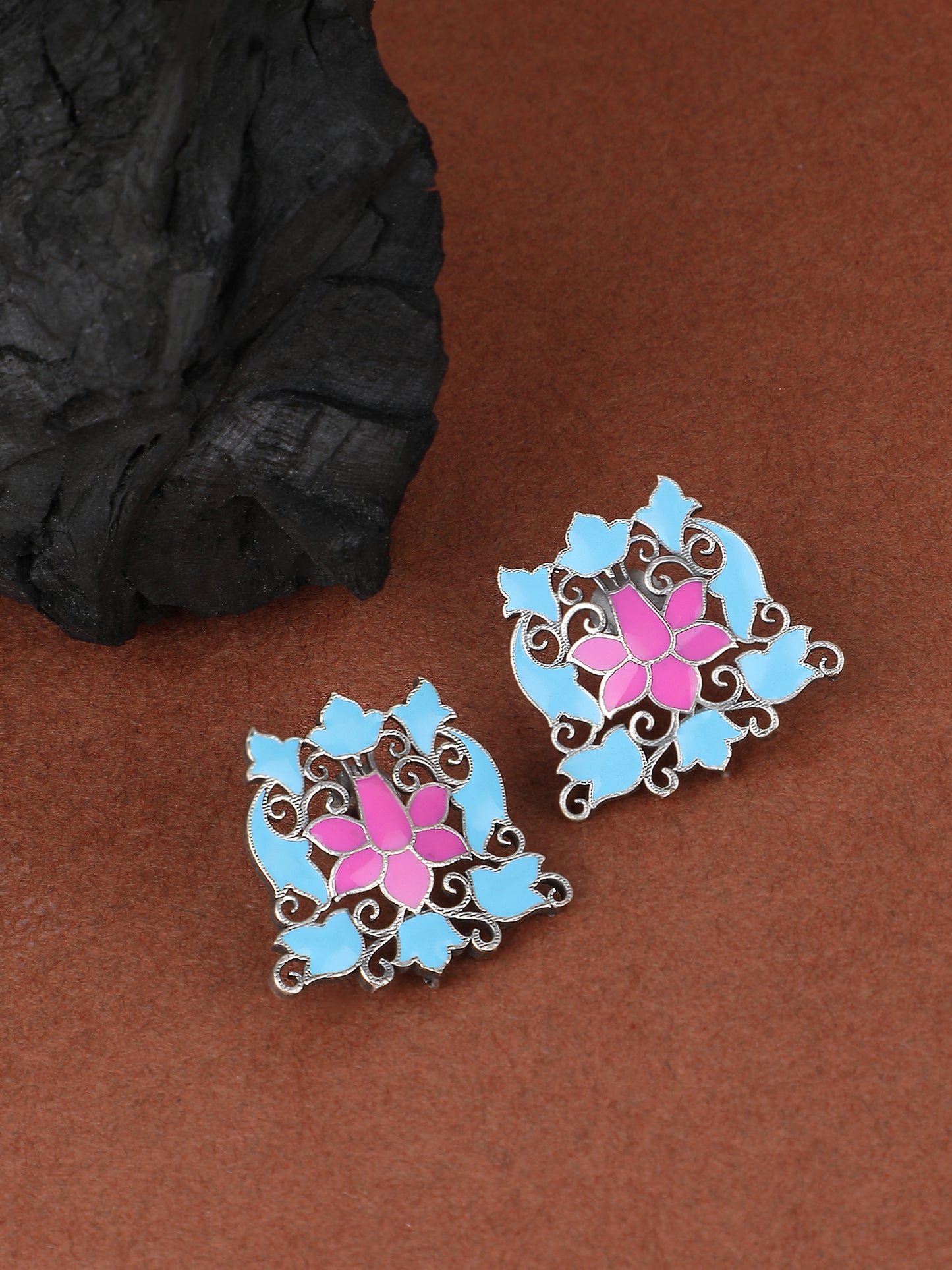 Elegant Oxidized Blue and Pink Earrings for Women