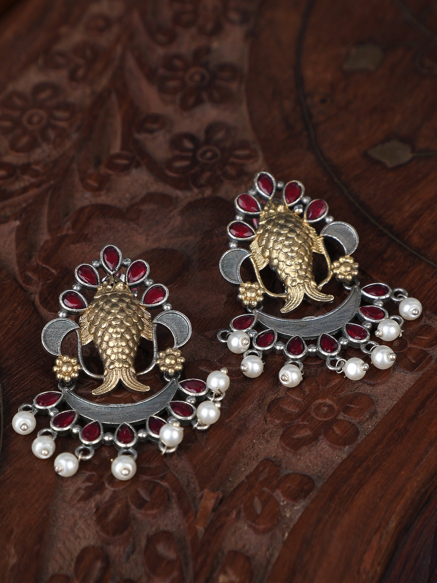 Elegant Oxidized Red and Gold Earrings set for Women