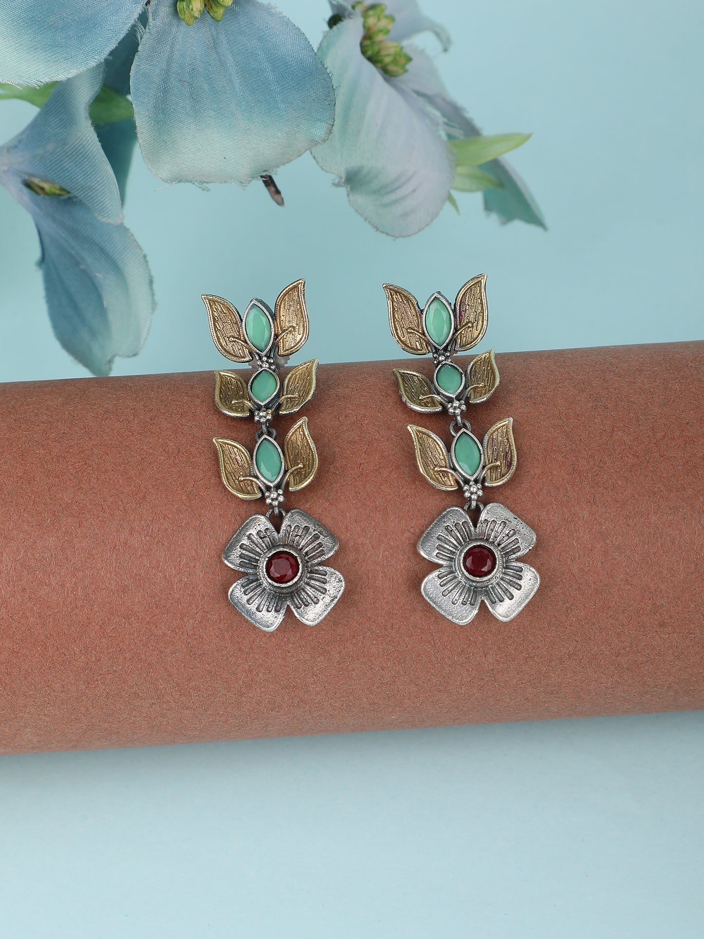 Classic Oxidized Green and Red Earrings for Women
