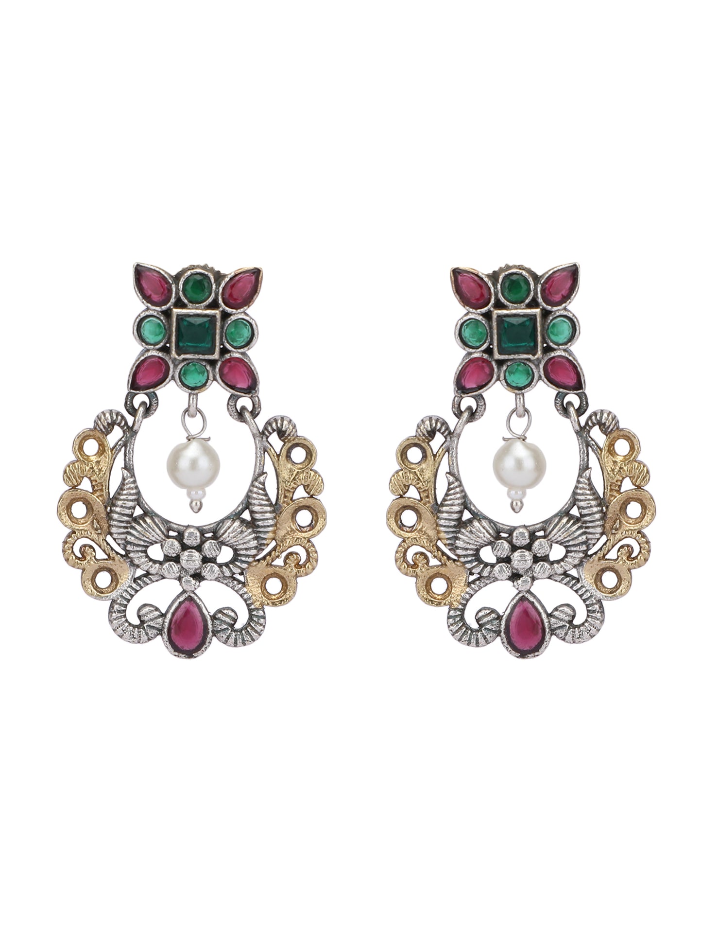 Classic Oxidized Green and Red Earrings with Pearl Drop for Women