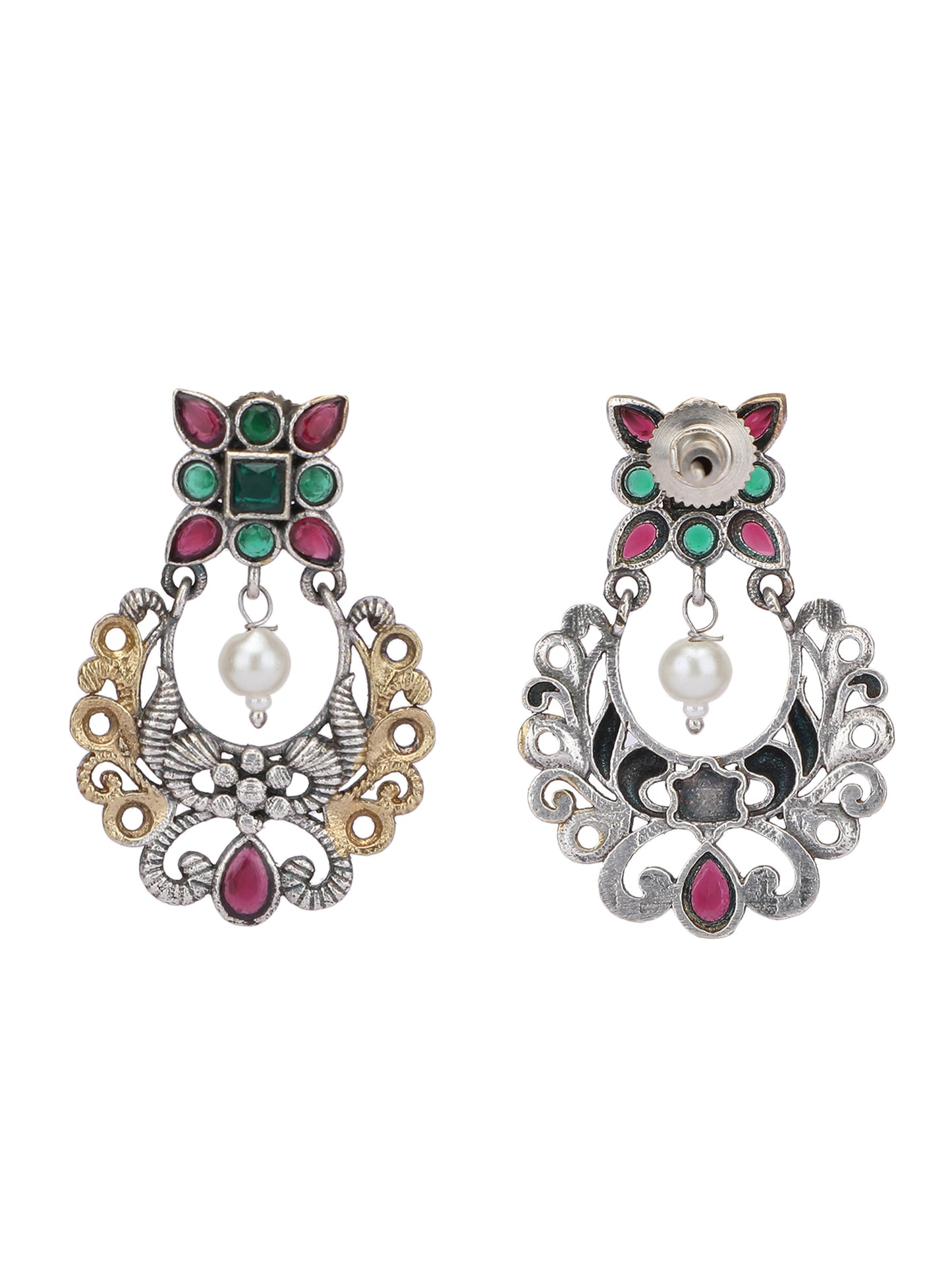 Classic Oxidized Green and Red Earrings with Pearl Drop for Women