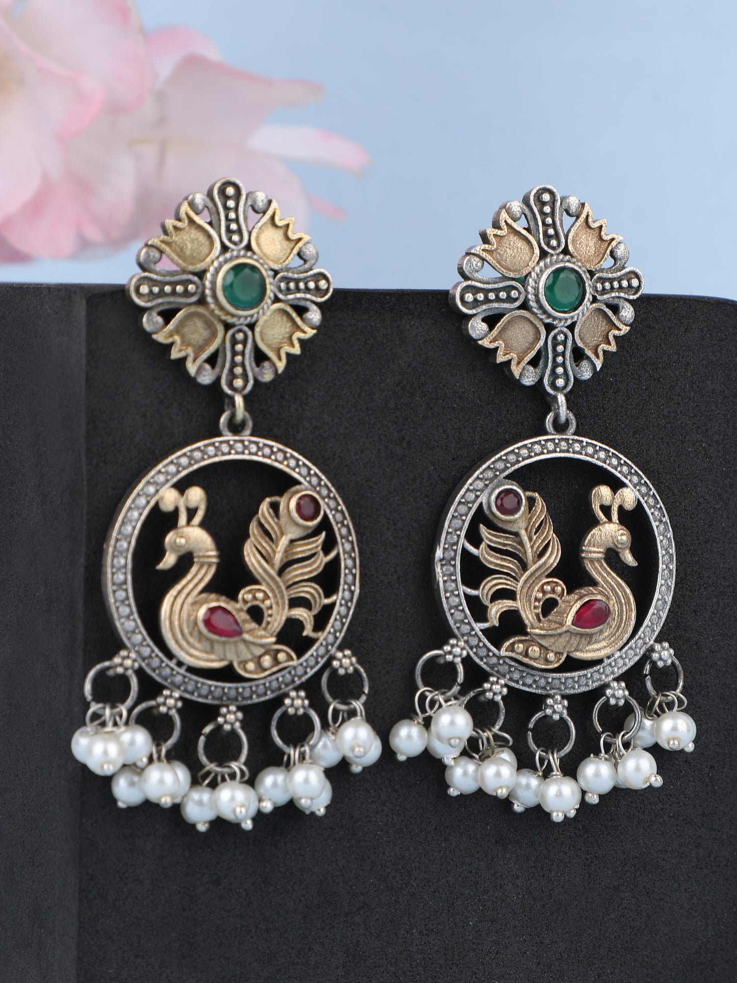 Elegant Oxidized Gold and Grey Peacock Earrings with Pearl Drops