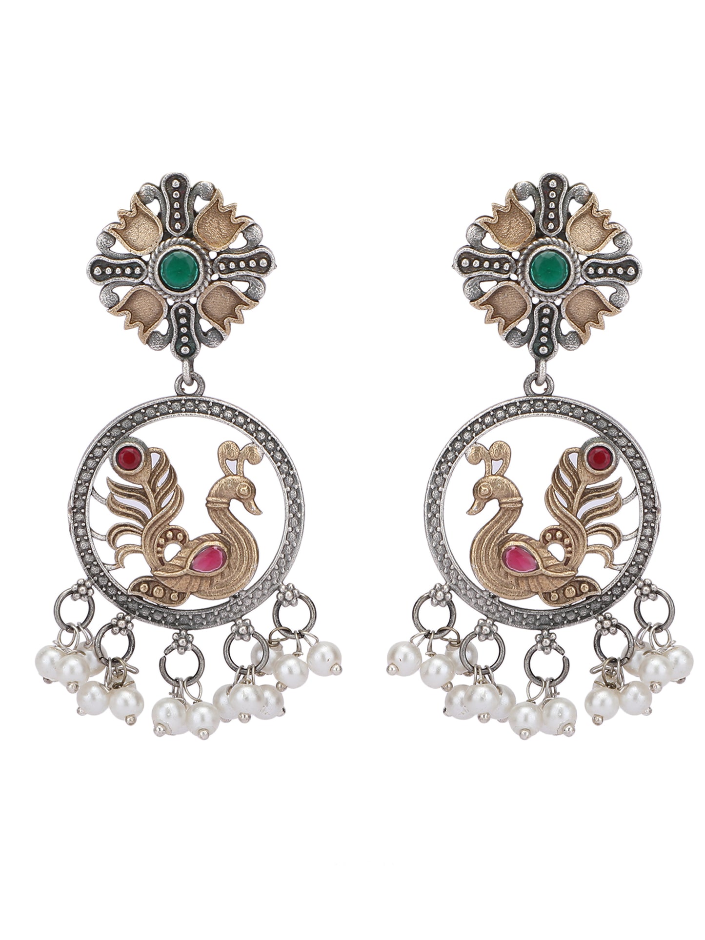 Elegant Oxidized Gold and Grey Peacock Earrings with Pearl Drops