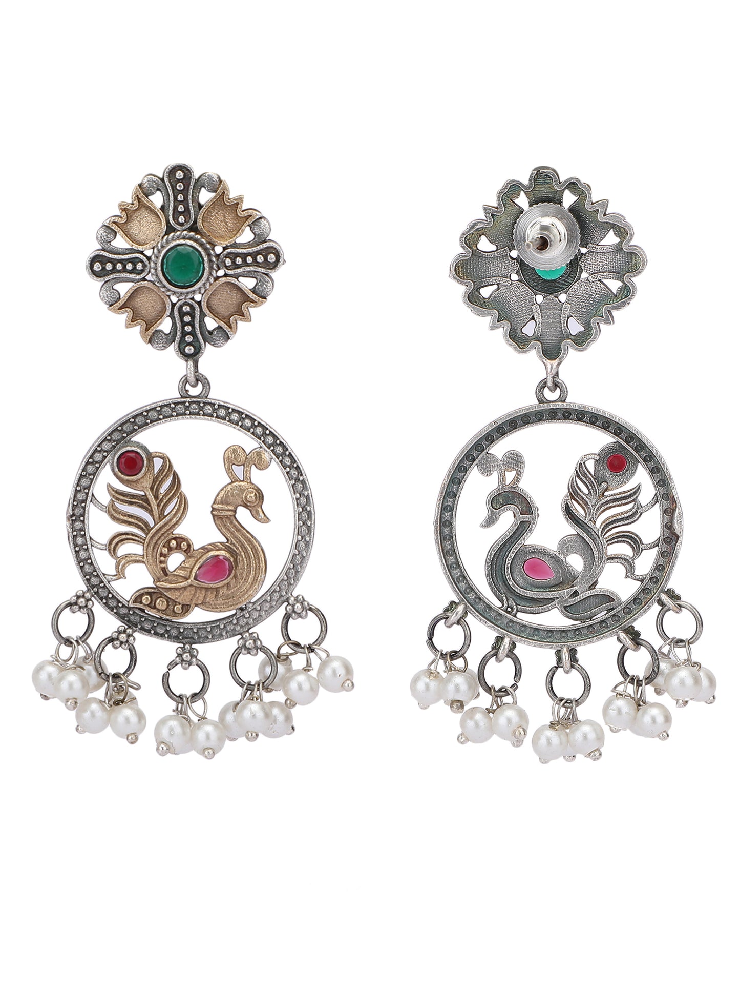 Elegant Oxidized Gold and Grey Peacock Earrings with Pearl Drops