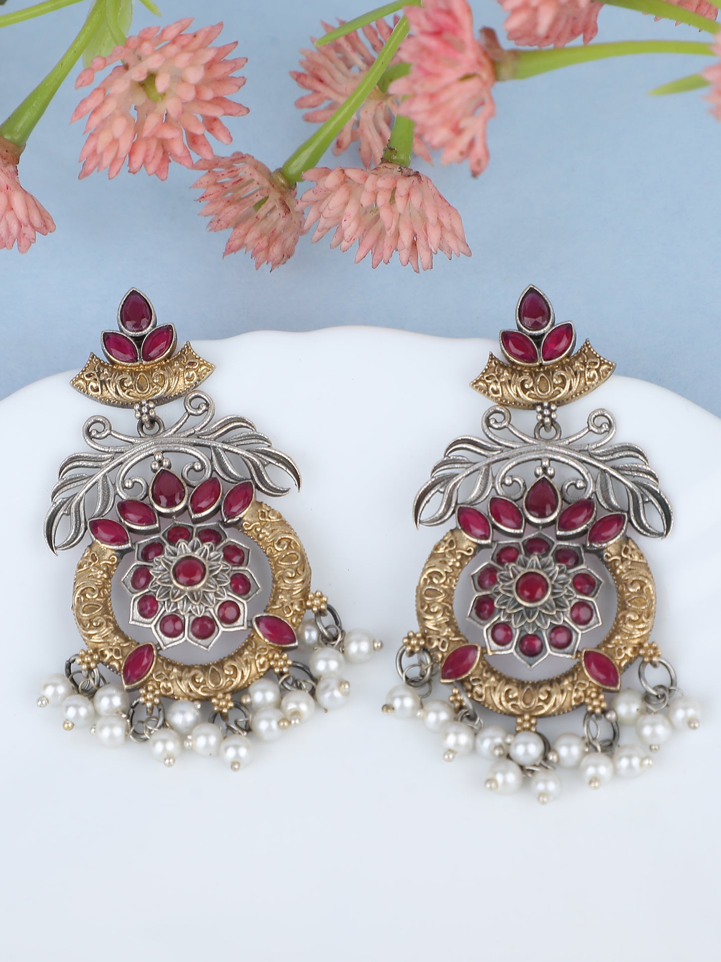 Elegant Oxidized Red and Gold Earring Set for Women and Girls