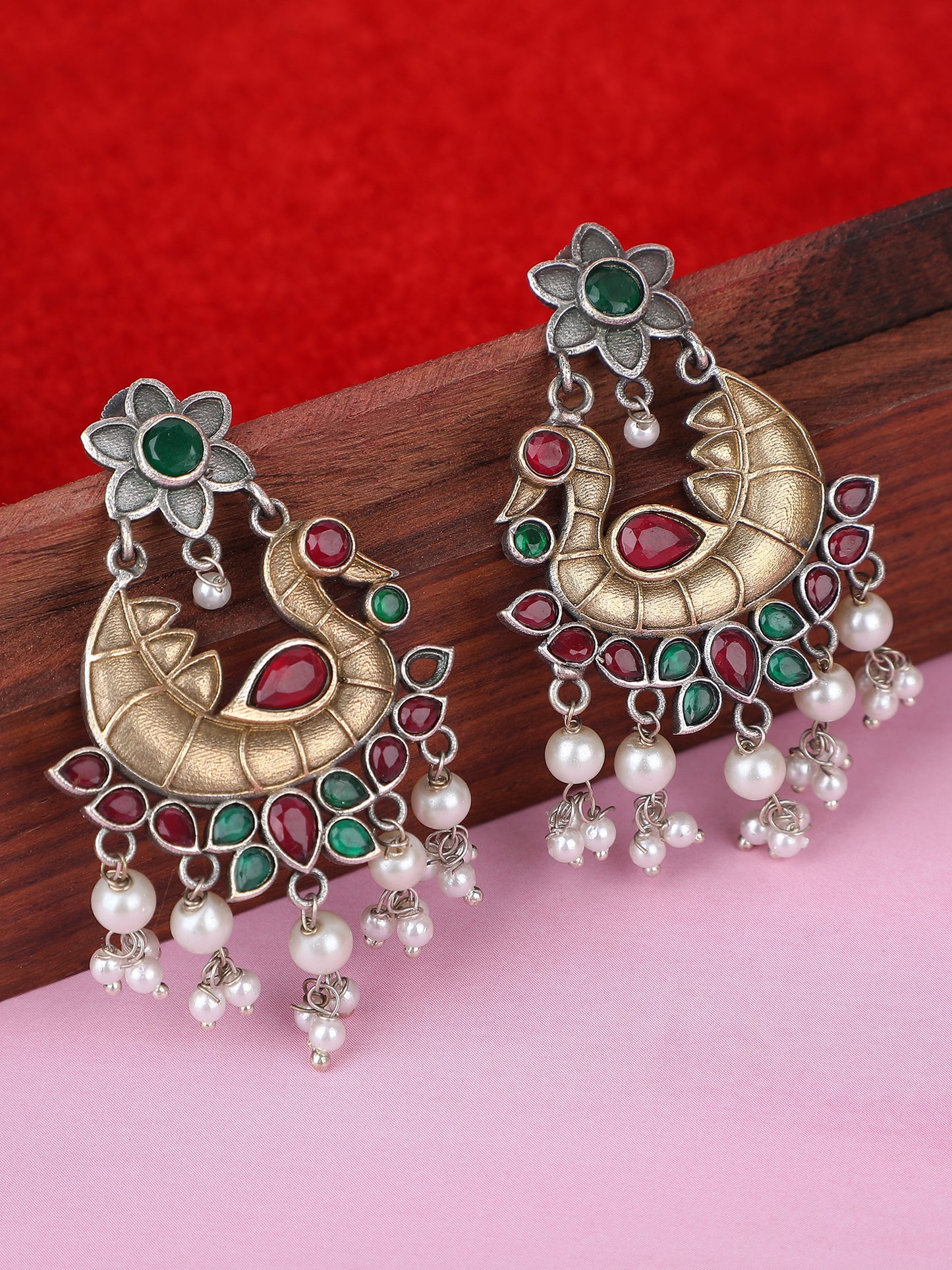 Elegant Oxidized Red and Green Earring Set for Girls