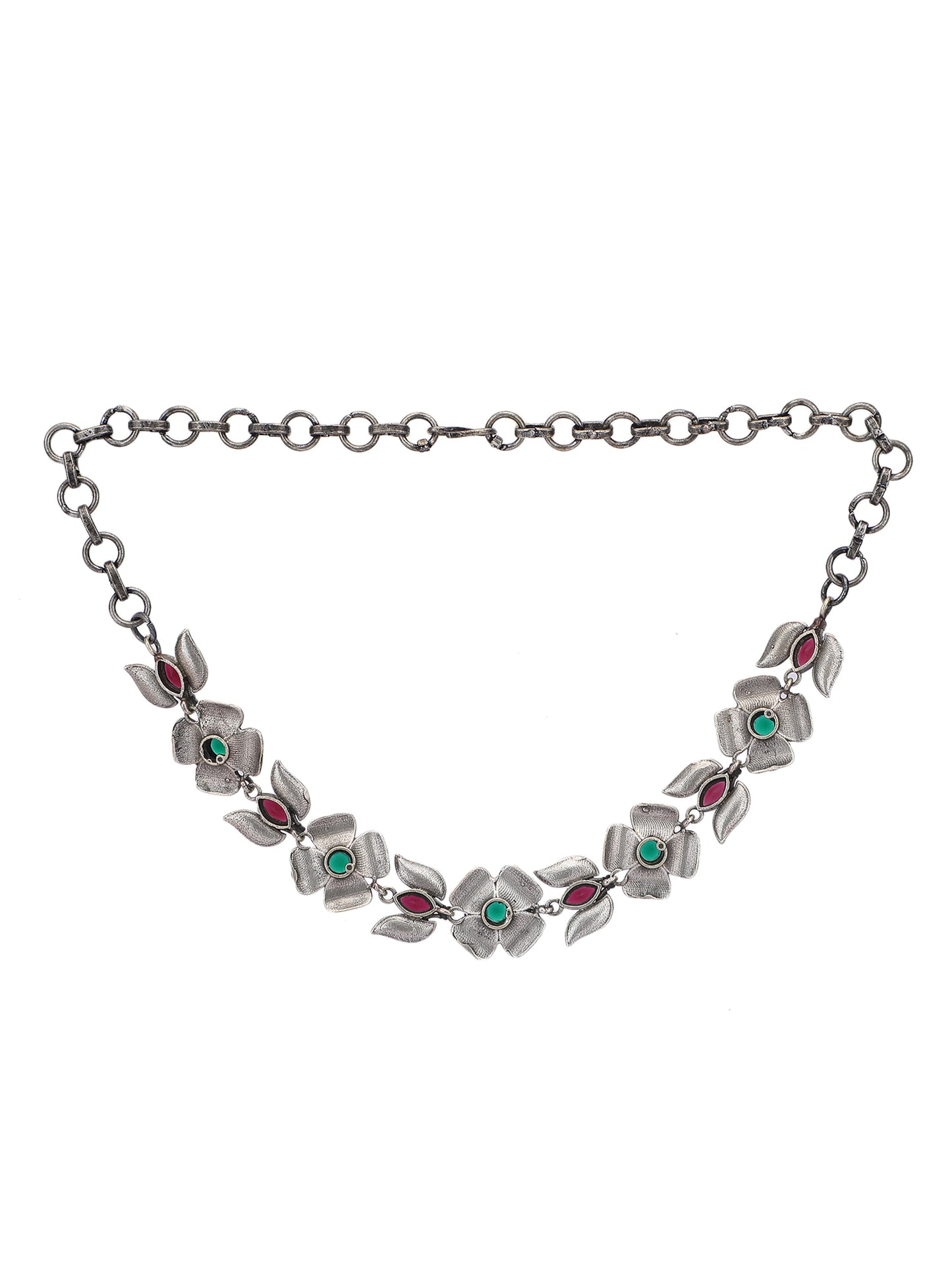 Elegant Oxidized Red and Green Floral Necklace Set for Women and Girls