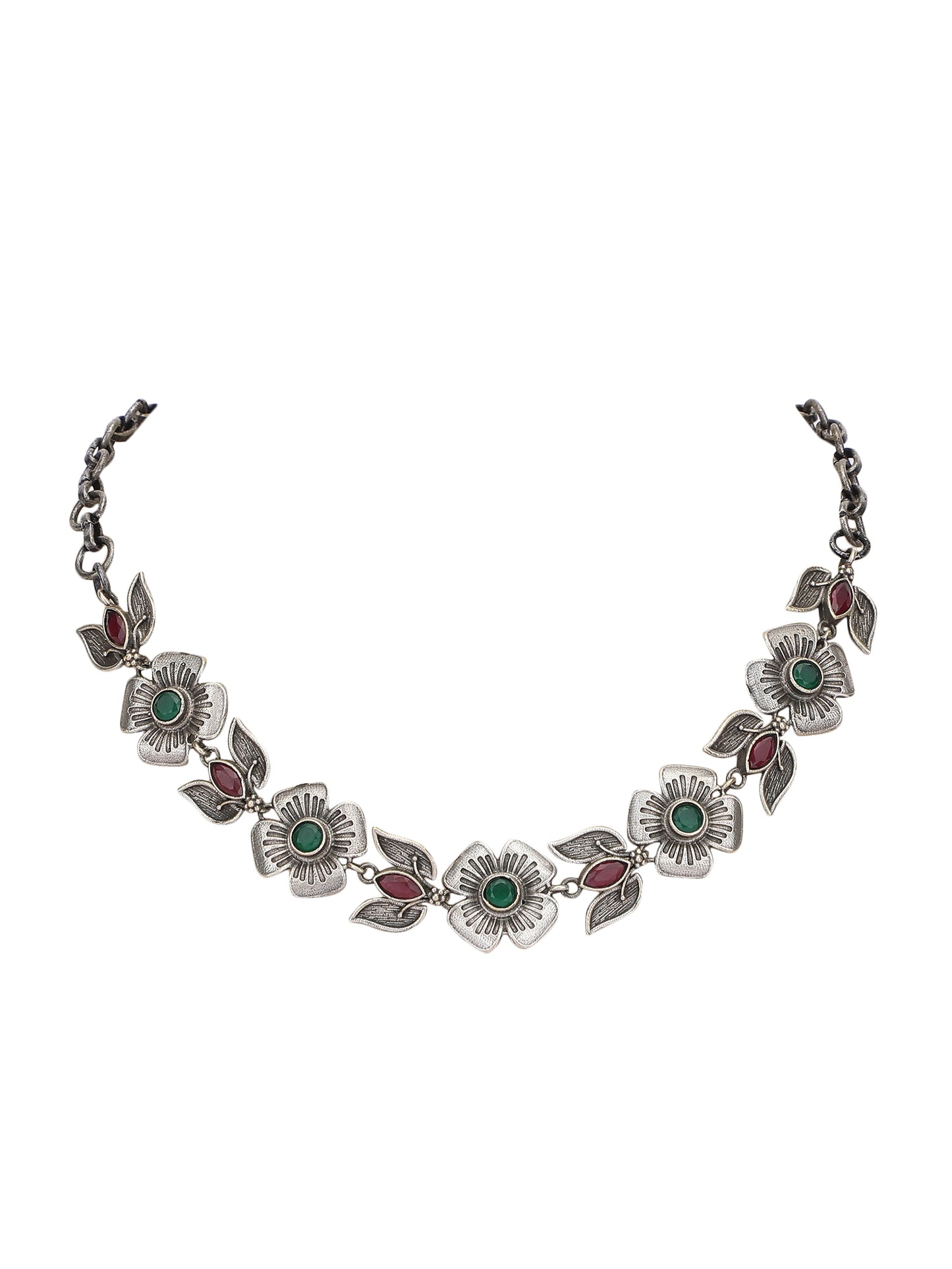 Elegant Oxidized Red and Green Floral Necklace Set for Women and Girls