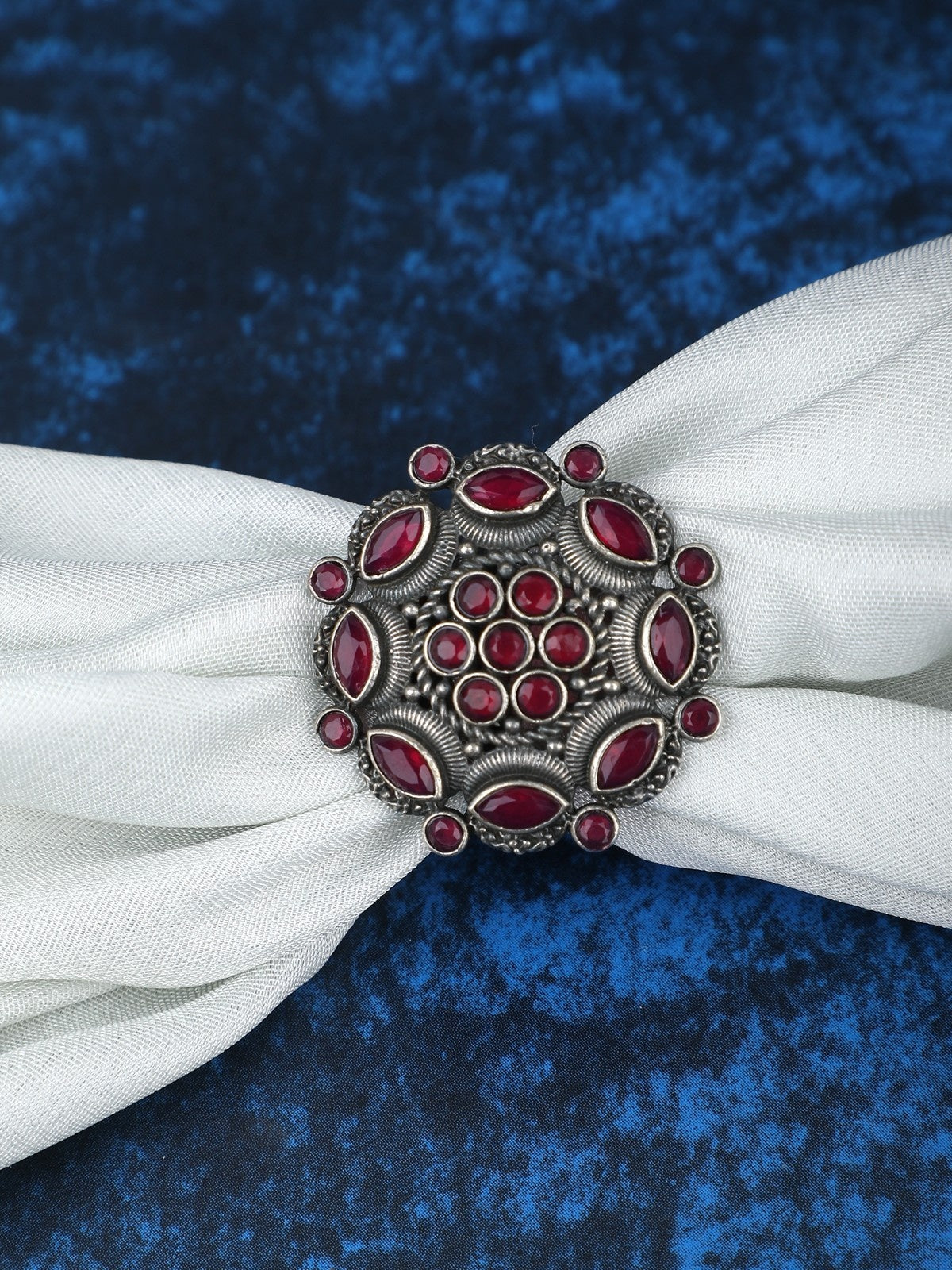 Antique Silver Red Gemstone Adjustable Statement Ring