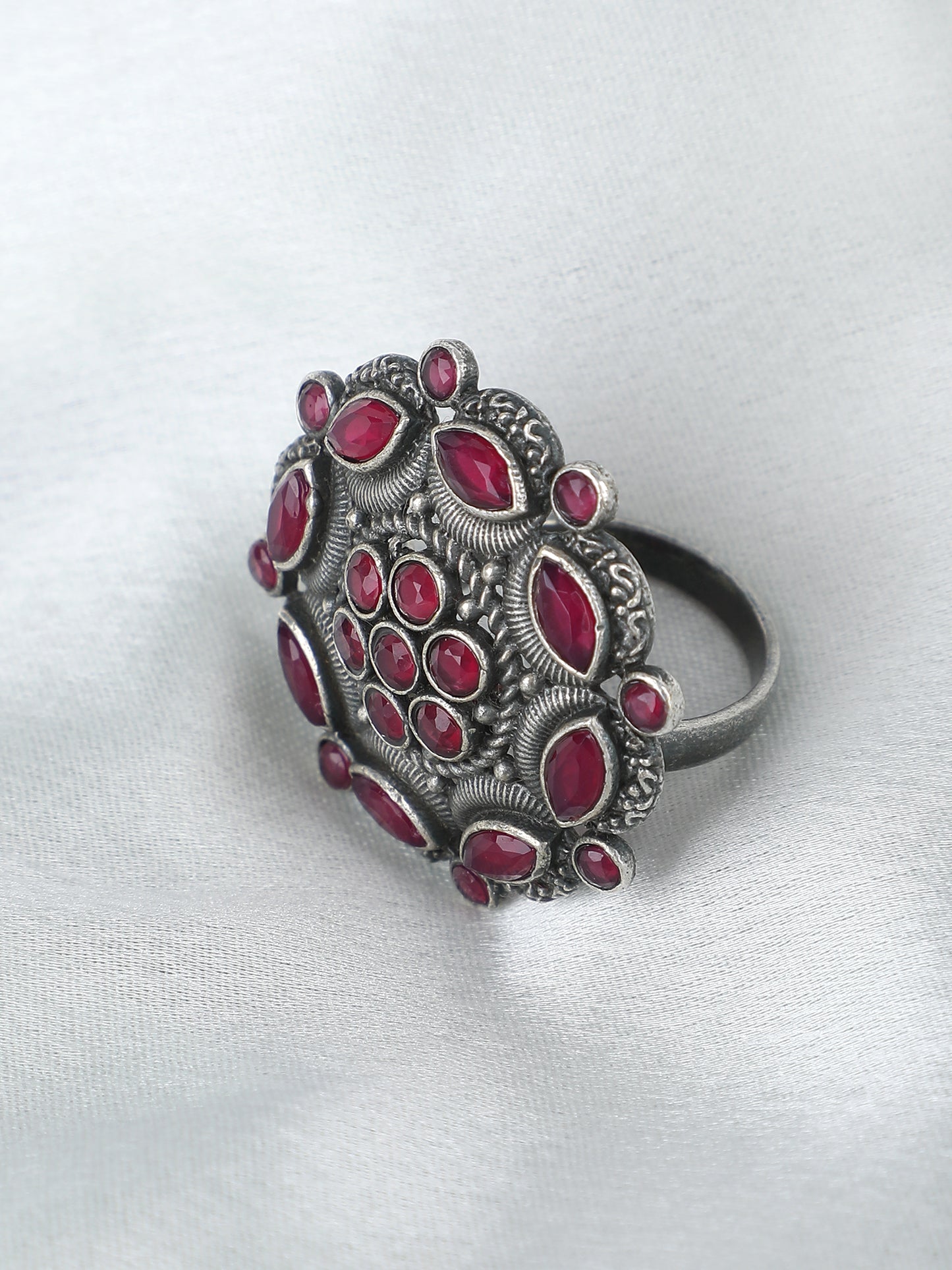 Antique Silver Red Gemstone Adjustable Statement Ring