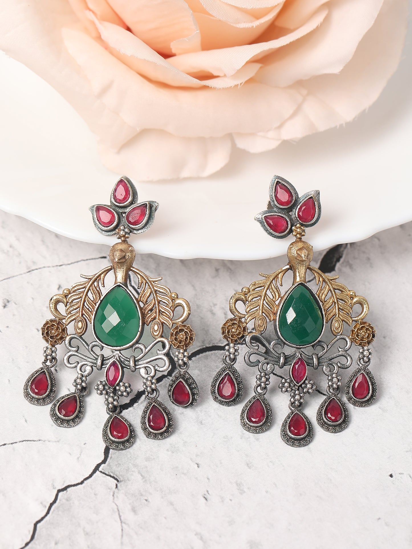 Classic Oxidized Green and Red Earrings for Women and Girls