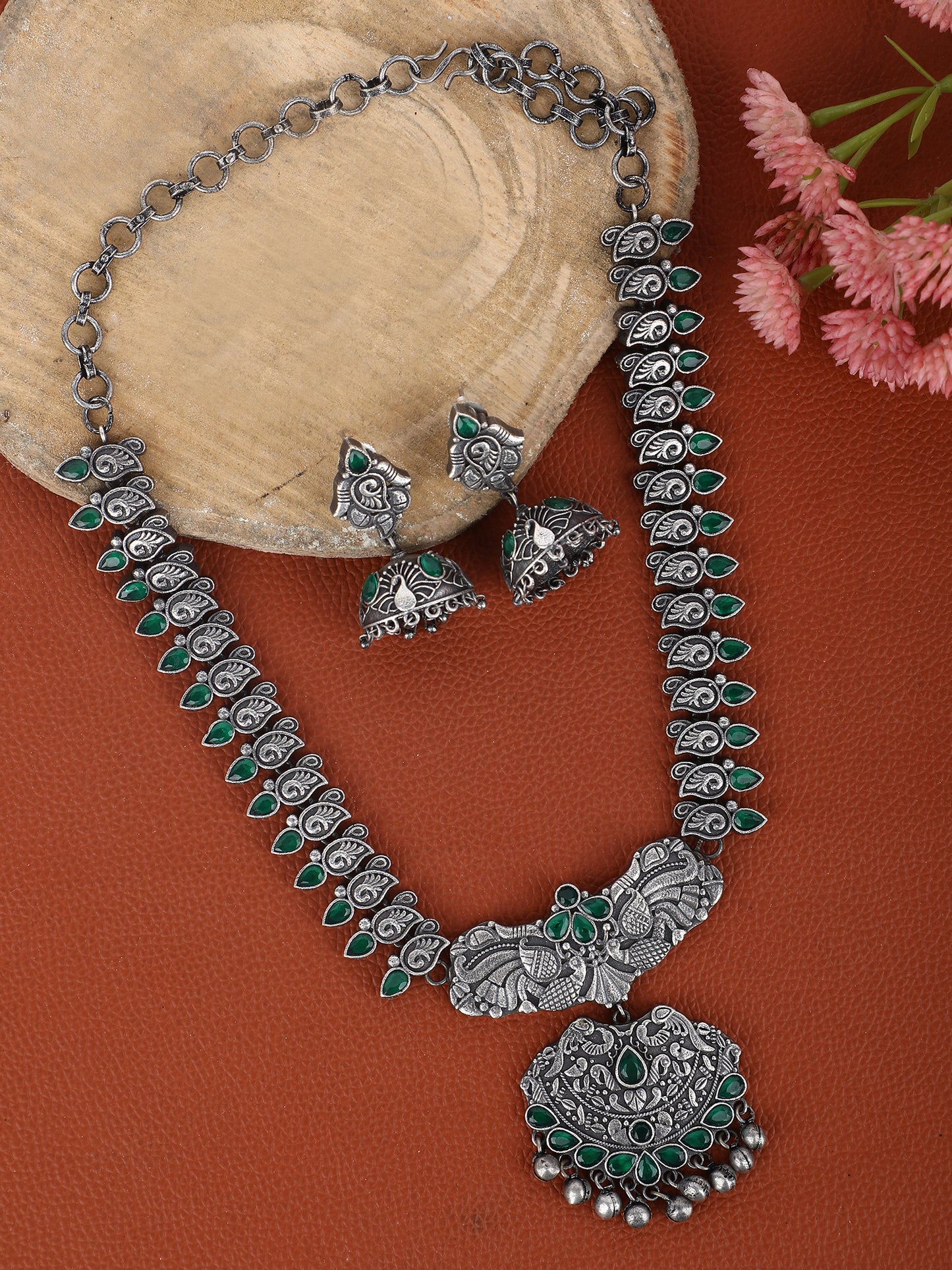 Elegant Oxidized Silver Necklace Set with Green Accents