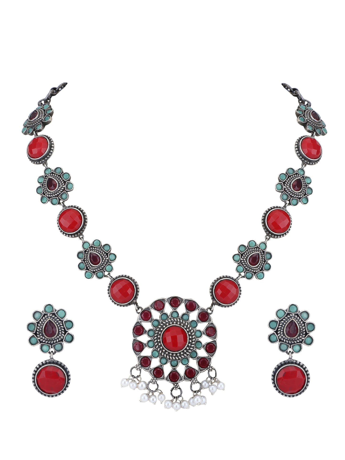 Oxidized Necklace Set with Red and Aqua Stonework