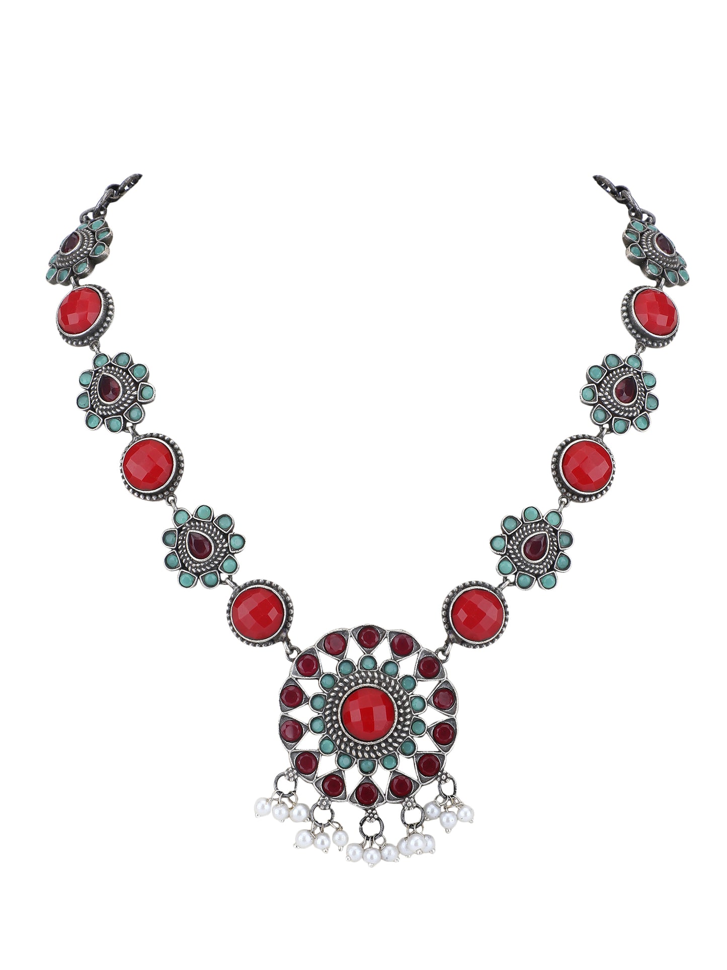 Bold Oxidized Necklace Set with Red and Aqua Stonework