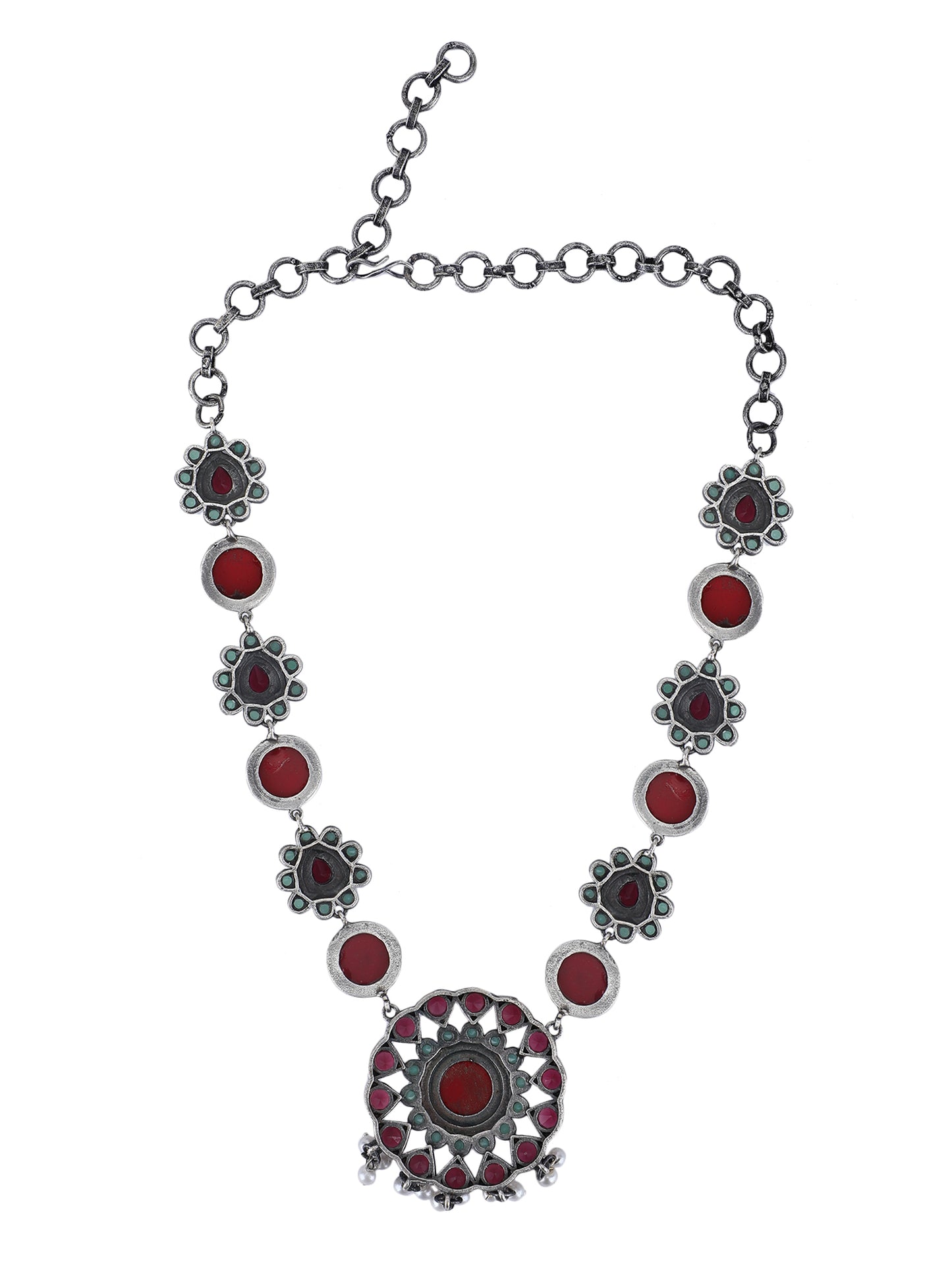 Bold Oxidized Necklace Set with Red and Aqua Stonework