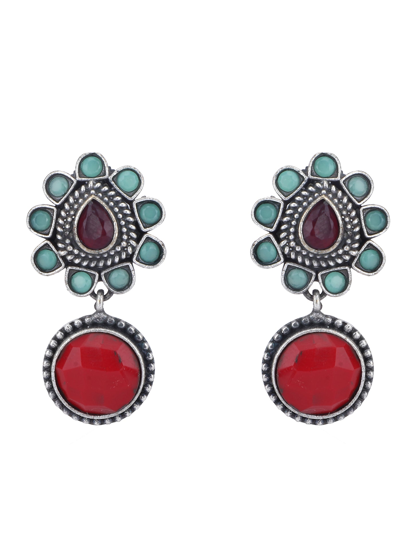 Bold Oxidized Necklace Set with Red and Aqua Stonework