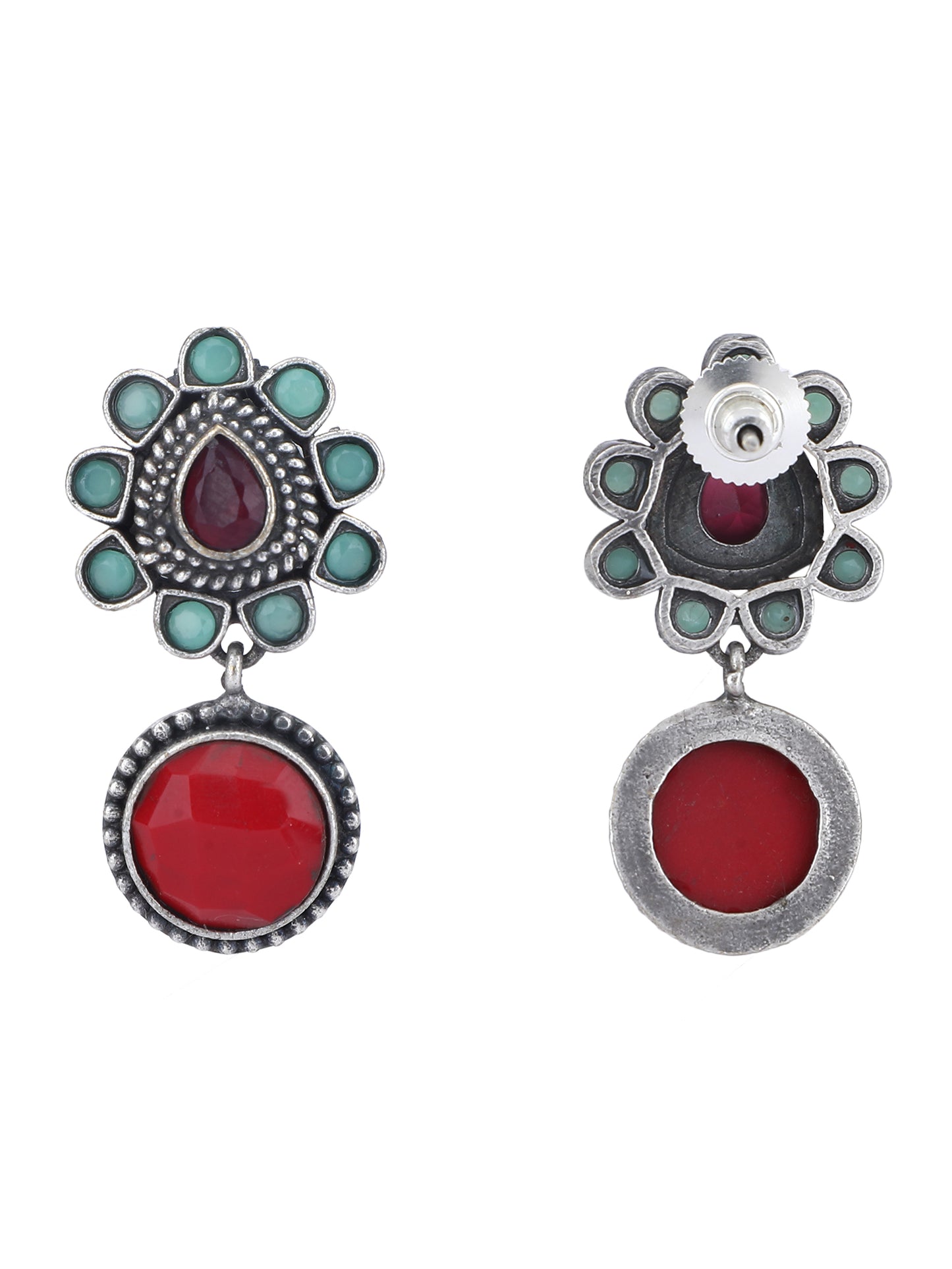 Bold Oxidized Necklace Set with Red and Aqua Stonework