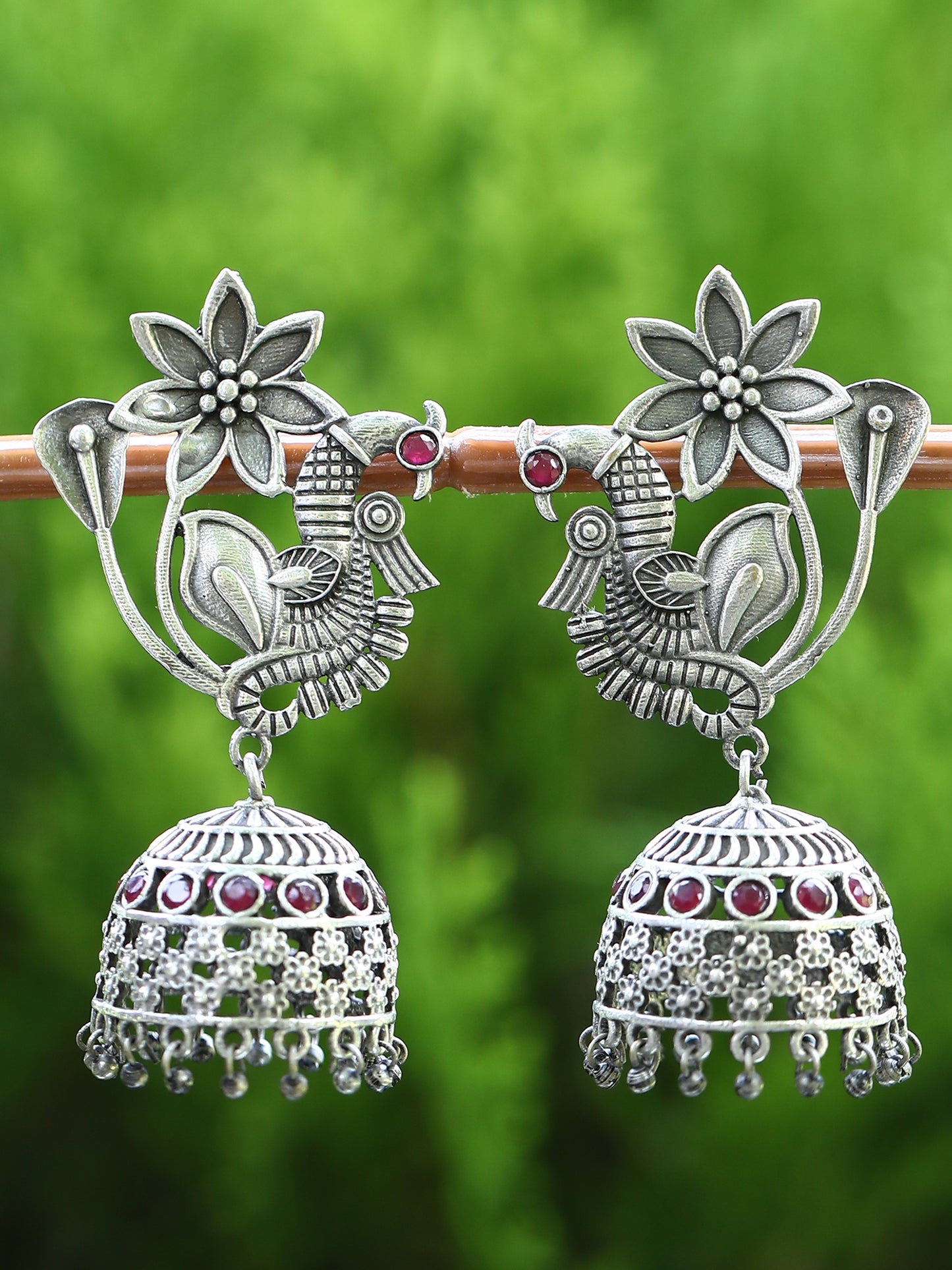 Oxidised Floral Peacock Jhumka Earrings for Women