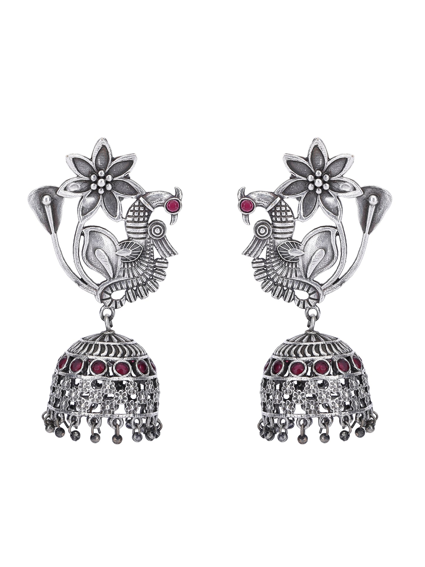 Oxidised Floral Peacock Jhumka Earrings for Women